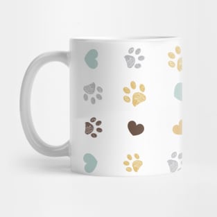 Doodle grey, yellow, turquoise small paw prints with hearts seamless fabric design pattern Mug